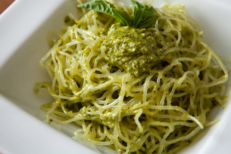 Raw Kelp Noodles Pesto Pasta - Recipe & Photo from nuggetmarket.com