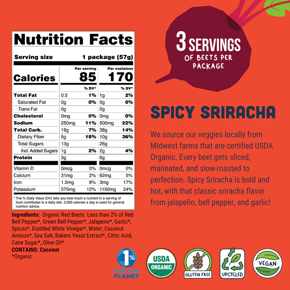 Organic Beet Jerky - Spicy Siracha - 6 x 57g ( BB Date 6/25 )